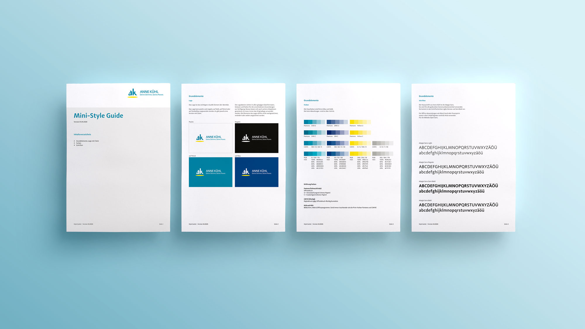Im Mini-Style-Guide wird das Branding für Anne Kühl zusammengefasst. Farben und Schriften sind definiert.