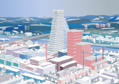 Illustration für die Weihnachtskarte Roche Nachbarschaft 2021, Areal Basel mit Bau 1, Bau 2 und pRED