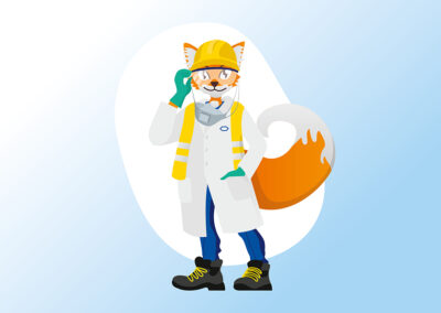 Maskottchen Safety Fox der SGU Roche mit Schutzausrüstung